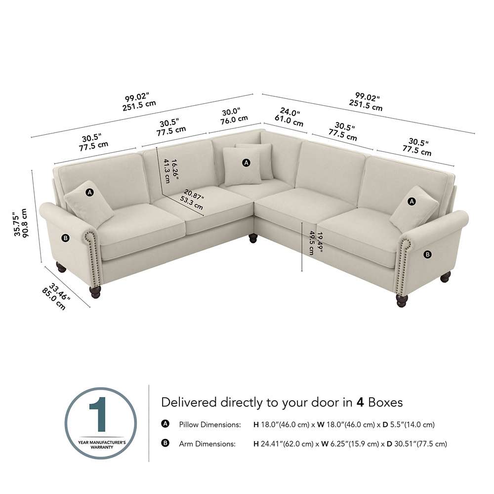 Bush Furniture - Coventry 99W L Shaped Sectional Couch in Cream Herringbone - CVY98BCRH-03K veiw 5