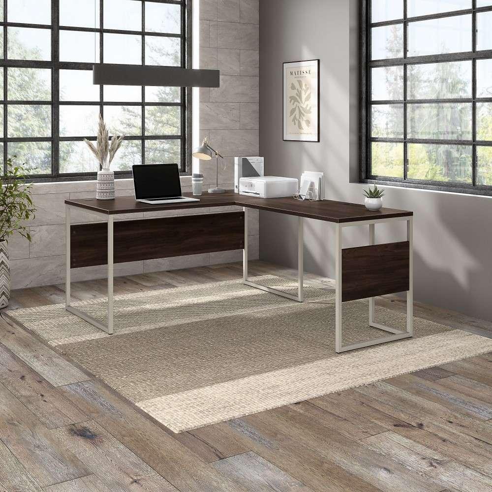 Bush Furniture - Hybrid 60W x 30D L Shaped Table Desk with Metal Legs in Black Walnut - HYB027BW veiw 2