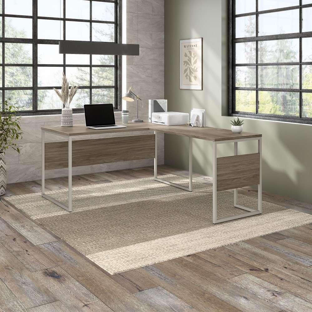 Bush Furniture - Hybrid 60W x 30D L Shaped Table Desk with Metal Legs in Modern Hickory - HYB027MH veiw 2