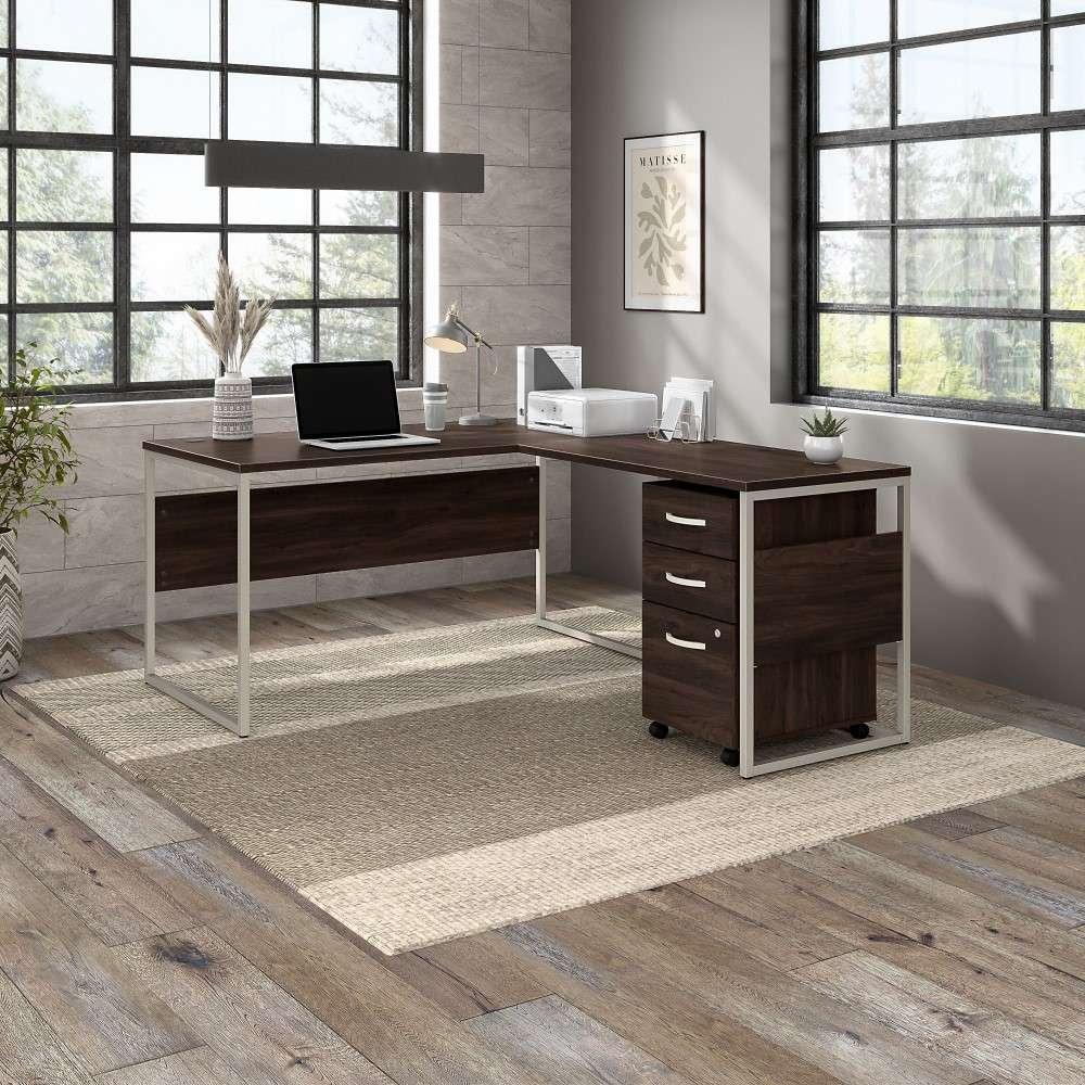 Bush Furniture - Hybrid 60W x 30D L Shaped Table Desk with Mobile File Cabinet in Black Walnut - HYB029BWSU veiw 2