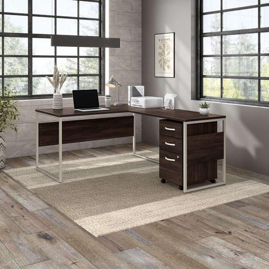 Bush Furniture - Hybrid 60W x 30D L Shaped Table Desk with Mobile File Cabinet in Black Walnut - HYB029BWSU veiw 2