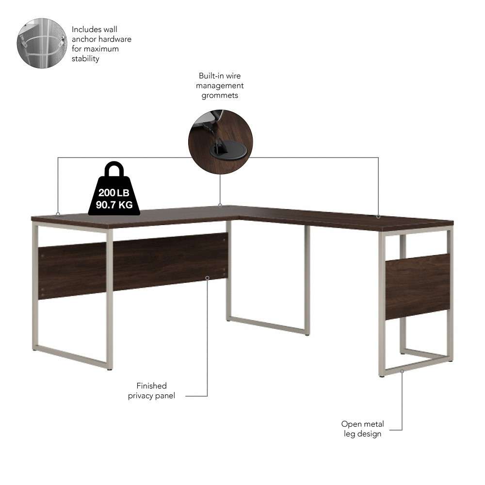 Bush Furniture - Hybrid 60W x 30D L Shaped Table Desk with Mobile File Cabinet in Black Walnut - HYB029BWSU veiw 3