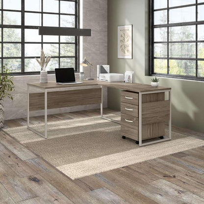 Bush Furniture - Hybrid 60W x 30D L Shaped Table Desk with Mobile File Cabinet in Modern Hickory - HYB029MHSU veiw 2