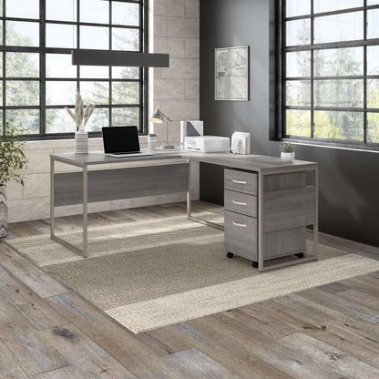 Bush Furniture - Hybrid 60W x 30D L Shaped Table Desk with Mobile File Cabinet in Platinum Gray - HYB029PGSU veiw 2