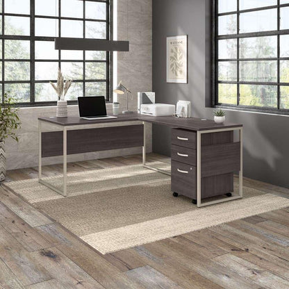 Bush Furniture - Hybrid 60W x 30D L Shaped Table Desk with Mobile File Cabinet in Storm Gray - HYB029SGSU veiw 2