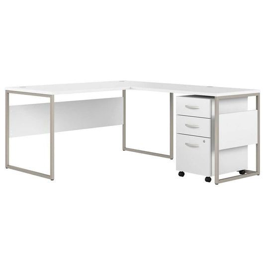 Bush Furniture - Hybrid 60W x 30D L Shaped Table Desk with Mobile File Cabinet in White - HYB029WHSU veiw 1