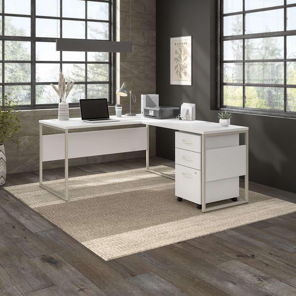 Bush Furniture - Hybrid 60W x 30D L Shaped Table Desk with Mobile File Cabinet in White - HYB029WHSU veiw 2