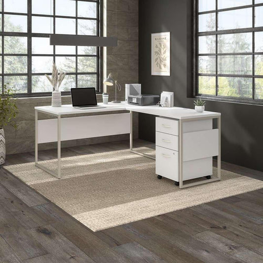Bush Furniture - Hybrid 60W x 30D L Shaped Table Desk with Mobile File Cabinet in White - HYB029WHSU veiw 2