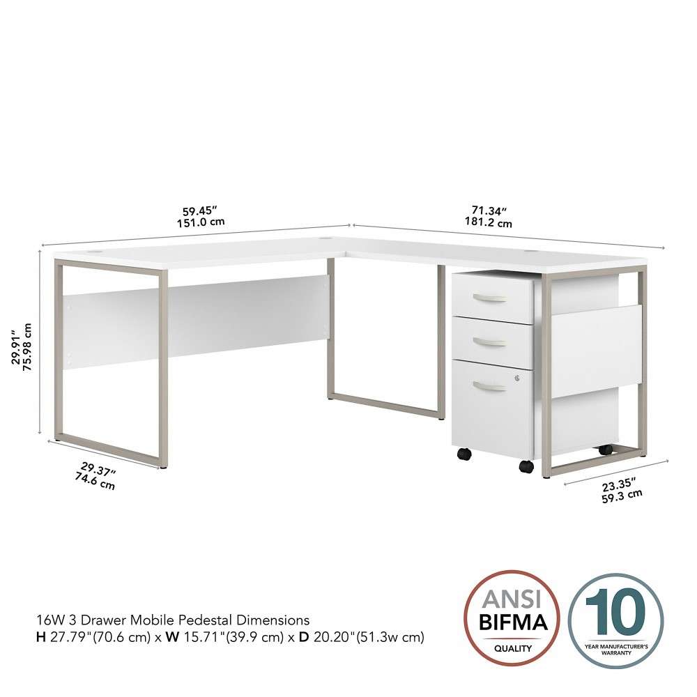Bush Furniture - Hybrid 60W x 30D L Shaped Table Desk with Mobile File Cabinet in White - HYB029WHSU veiw 5