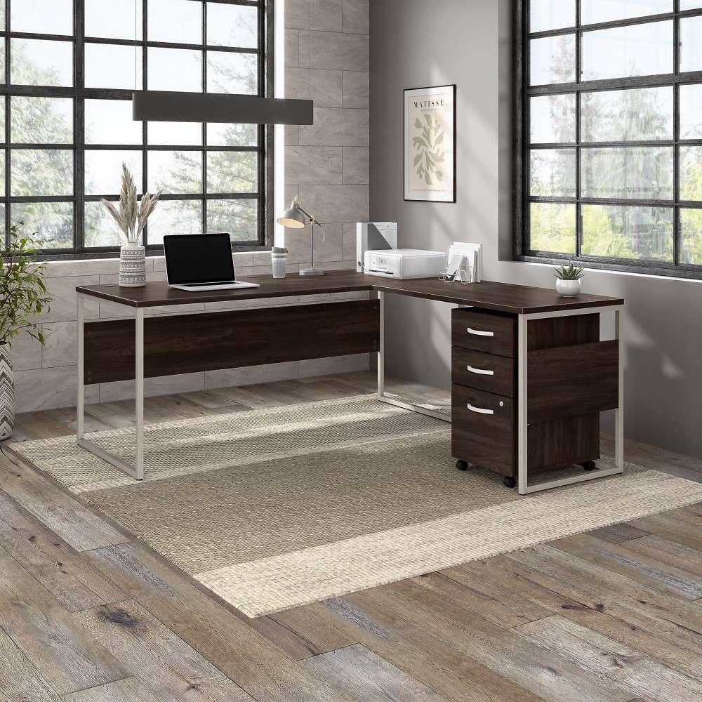 Bush Furniture - Hybrid 72W x 30D L Shaped Table Desk with Mobile File Cabinet in Black Walnut - HYB028BWSU veiw 2