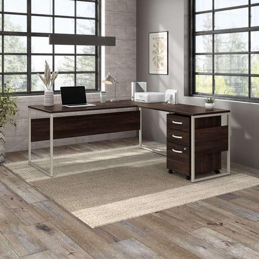 Bush Furniture - Hybrid 72W x 30D L Shaped Table Desk with Mobile File Cabinet in Black Walnut - HYB028BWSU veiw 2