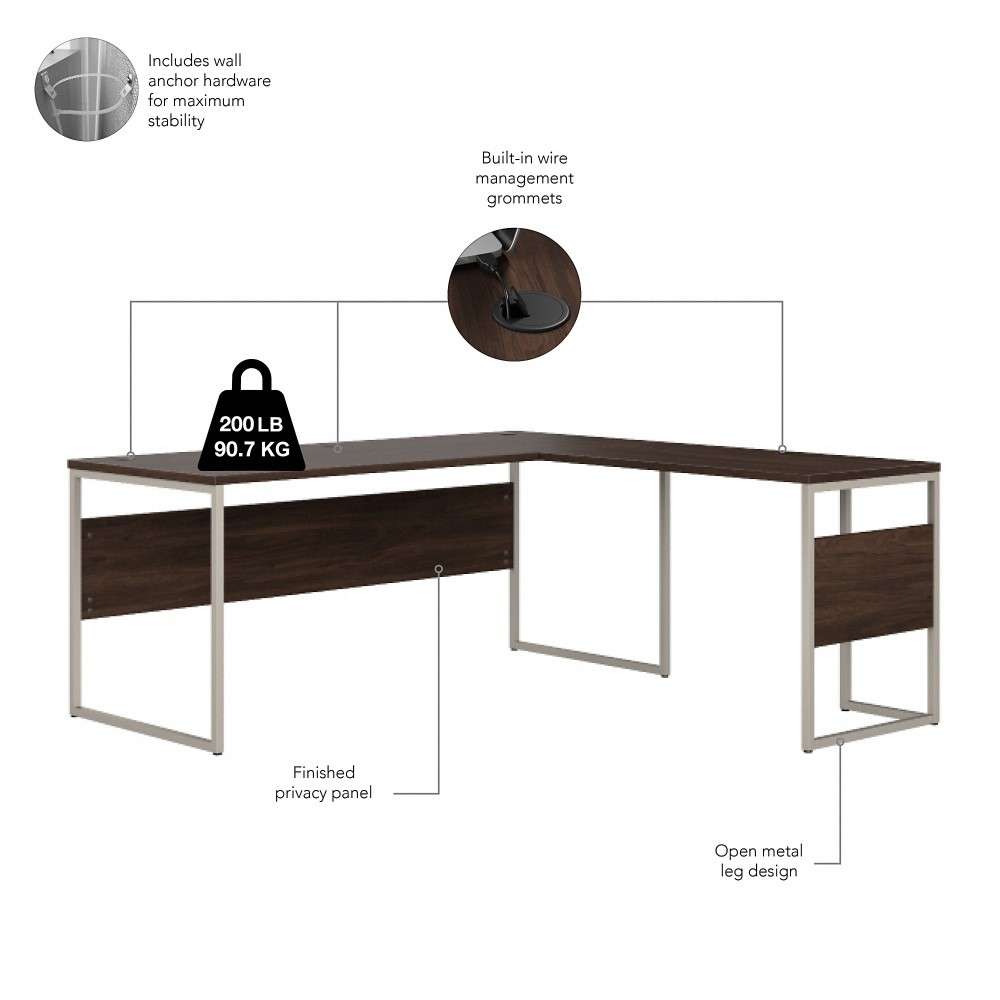 Bush Furniture - Hybrid 72W x 30D L Shaped Table Desk with Mobile File Cabinet in Black Walnut - HYB028BWSU veiw 3