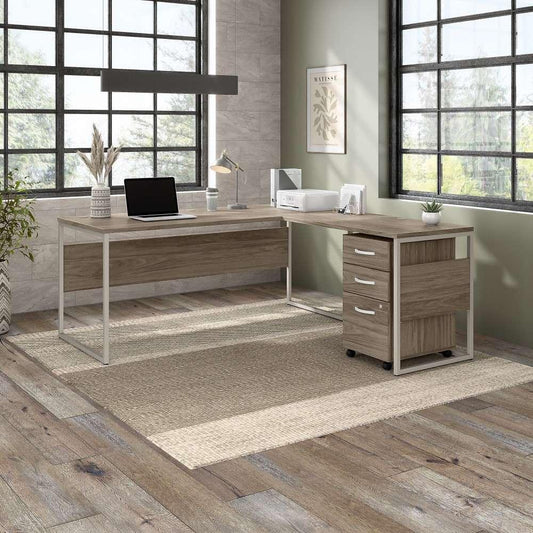 Bush Furniture - Hybrid 72W x 30D L Shaped Table Desk with Mobile File Cabinet in Modern Hickory - HYB028MHSU veiw 2