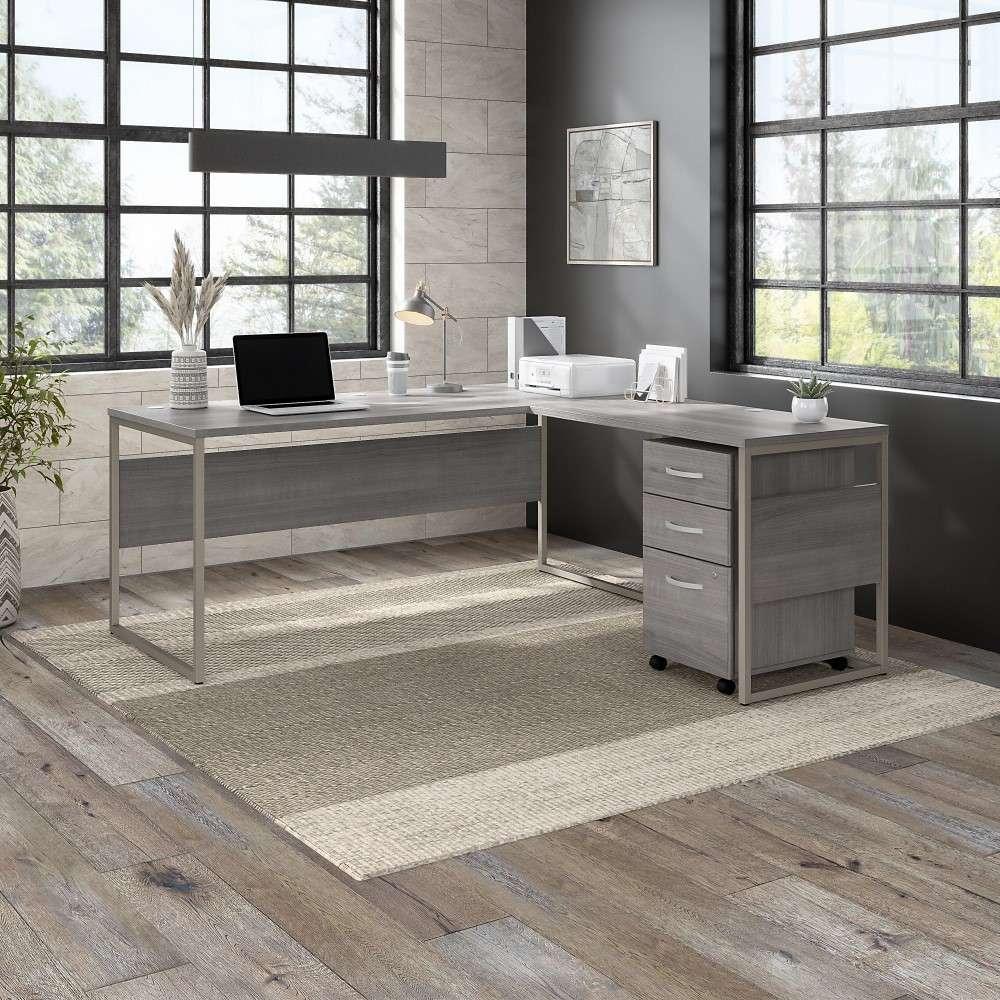 Bush Furniture - Hybrid 72W x 30D L Shaped Table Desk with Mobile File Cabinet in Platinum Gray - HYB028PGSU veiw 2
