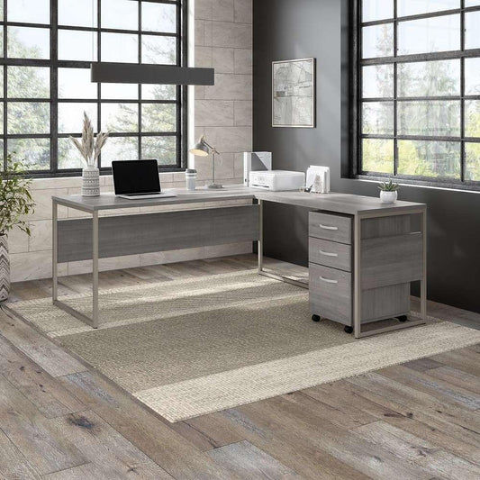Bush Furniture - Hybrid 72W x 30D L Shaped Table Desk with Mobile File Cabinet in Platinum Gray - HYB028PGSU veiw 2