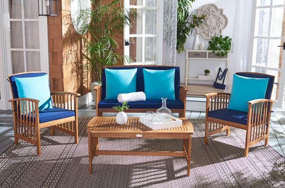 Safavieh - Rocklin 4 Pc Outdoor Set - Natural - Nvy+Solid Plw - PAT7007C veiw 1