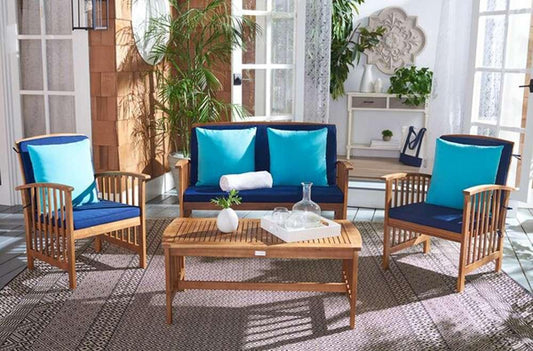 Safavieh - Rocklin 4 Pc Outdoor Set - Natural - Nvy+Solid Plw - PAT7007C veiw 1
