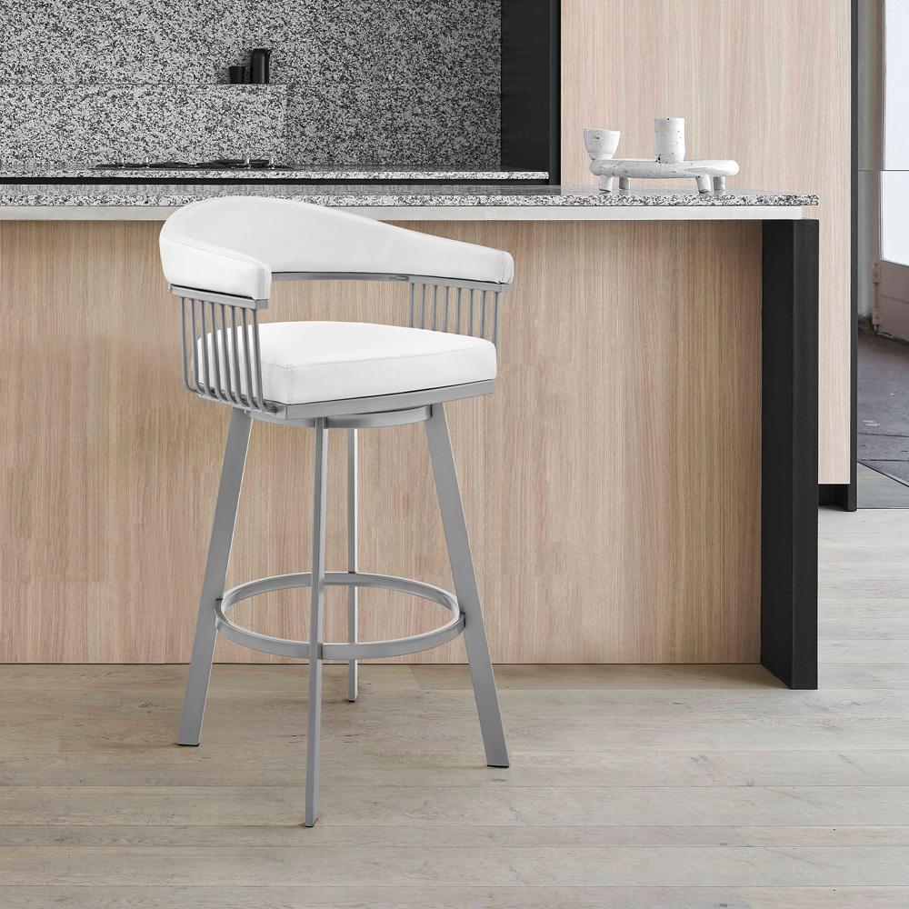 Armen Living - Chelsea 26in Counter Height Swivel Bar Stool in Silver Finish and White Faux Leather - LCCSBASLWH26 veiw 9