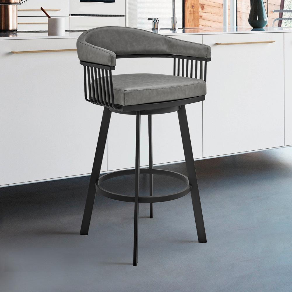 Armen Living - Chelsea 30in Bar Height Swivel Bar Stool in Black Finish and Gray Faux Leather - LCCSBAMBVG30 veiw 9