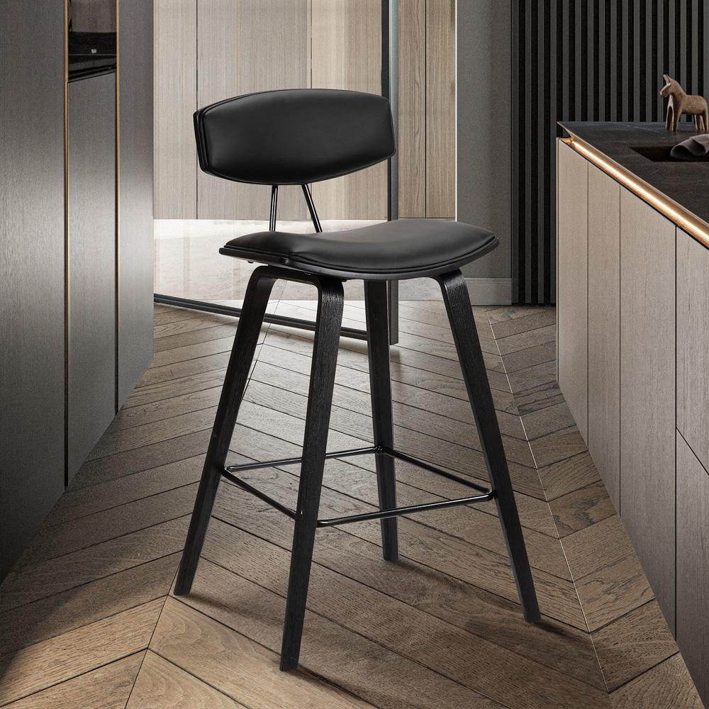 Armen Living - Fox 25.5in Counter Height Grey Faux Leather and Black Wood Mid-Century Modern Bar Stool - LCFOBABLGR26 veiw 6