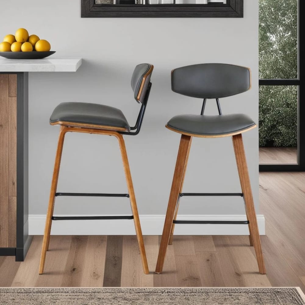 Armen Living - Fox 25.5in Counter Height Grey Faux Leather and Walnut Wood Mid-Century Modern Bar Stool - LCFOBAWAGR26 view 7