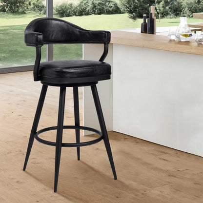 Armen Living - Justin 26in Counter Height Swivel Vintage Black Faux Leather Bar Stool with Black Metal Legs - LCJTBABLVB26 veiw 6