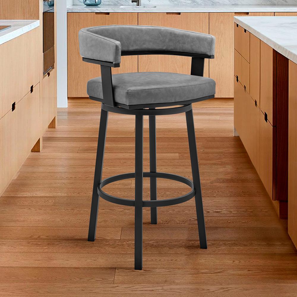 Armen Living - Lorin 30in Bar Height Swivel Bar Stool in Black Finish and Gray Faux Leather - LCLRBAMBVG30 veiw 10