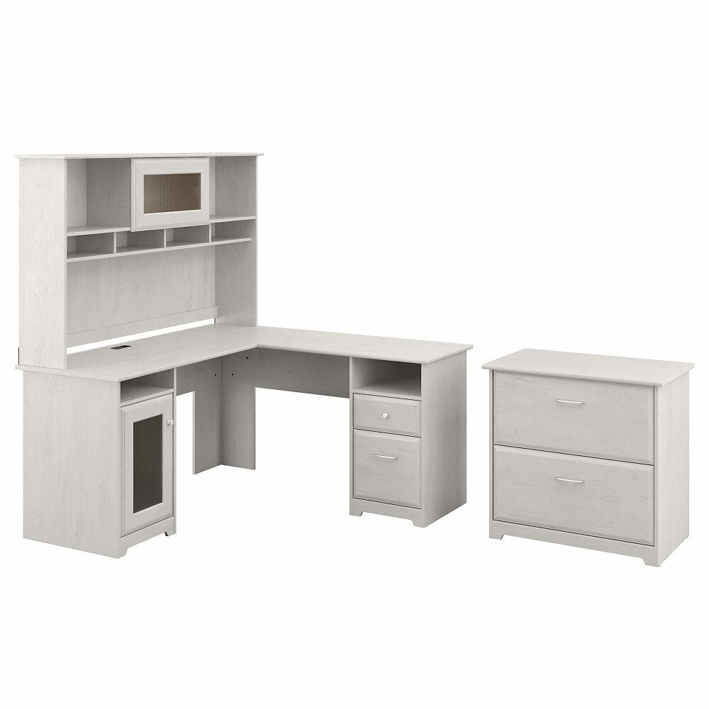 Bush Furniture - Cabot 60W L Shaped Computer Desk with Hutch and Lateral File Cabinet in Linen White Oak - CAB005LW veiw 1