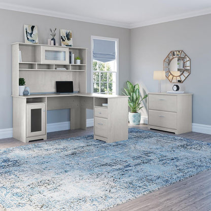 Bush Furniture - Cabot 60W L Shaped Computer Desk with Hutch and Lateral File Cabinet in Linen White Oak - CAB005LW veiw 2