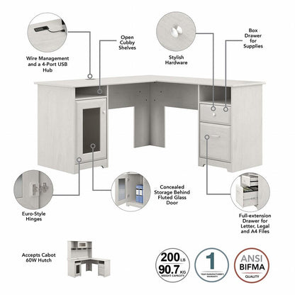 Bush Furniture - Cabot 60W L Shaped Computer Desk with Hutch and Lateral File Cabinet in Linen White Oak - CAB005LW veiw 3