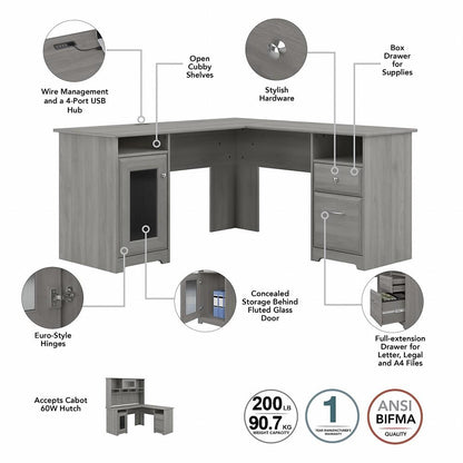 Bush Furniture - Cabot 60W L Shaped Computer Desk with Hutch and Lateral File Cabinet in Modern Gray - CAB005MG veiw 3
