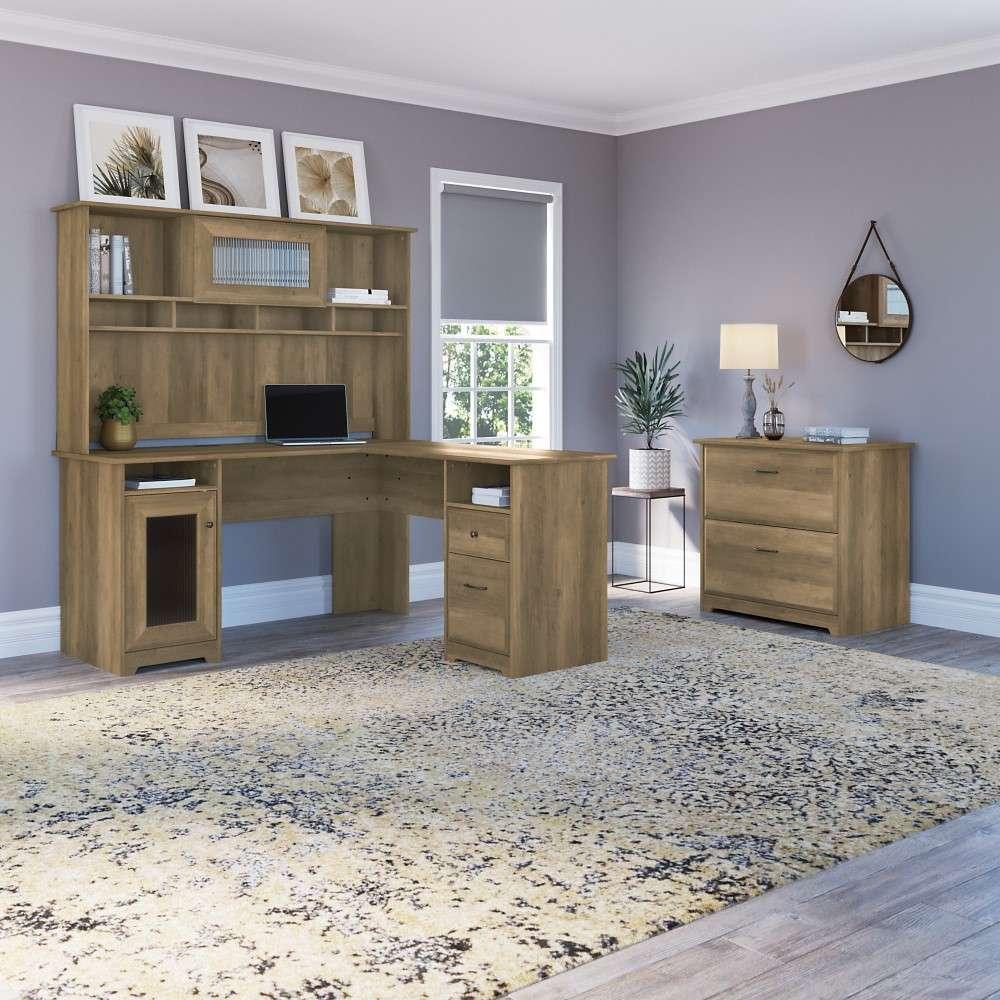 Bush Furniture - Cabot 60W L Shaped Computer Desk with Hutch and Lateral File Cabinet in Reclaimed Pine - CAB005RCP veiw 5