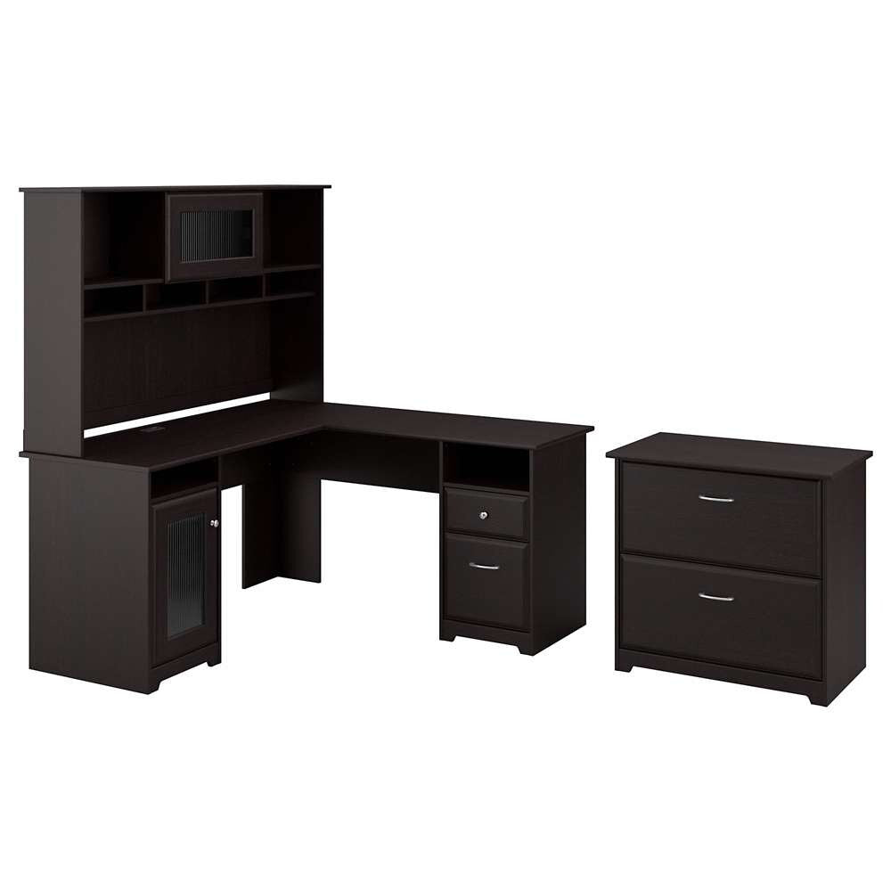 Bush Furniture - Cabot 60W L Shaped Computer Desk with Hutch and Lateral File Cabinet in Espresso Oak - CAB005EPO veiw 1