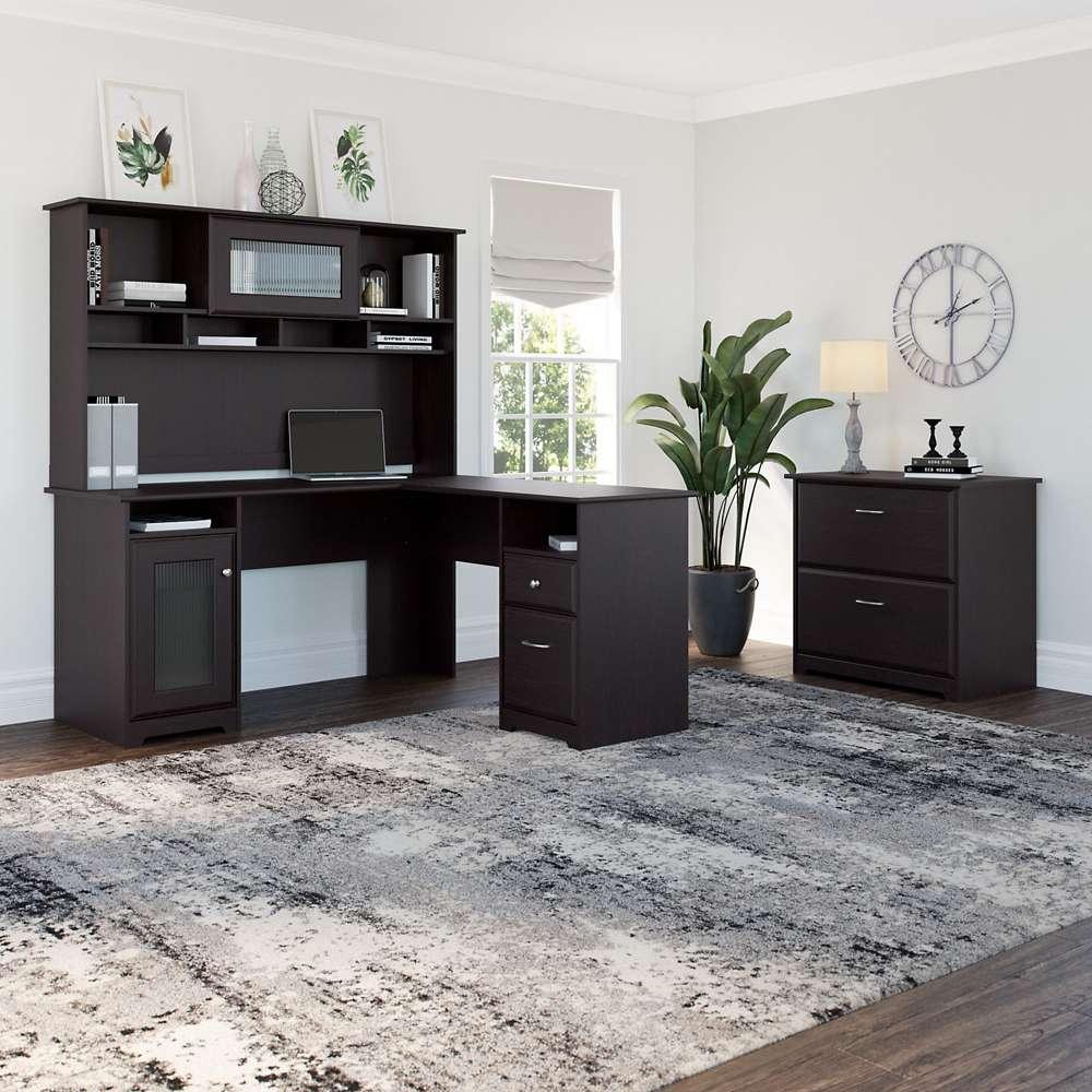 Bush Furniture - Cabot 60W L Shaped Computer Desk with Hutch and Lateral File Cabinet in Espresso Oak - CAB005EPO veiw 2
