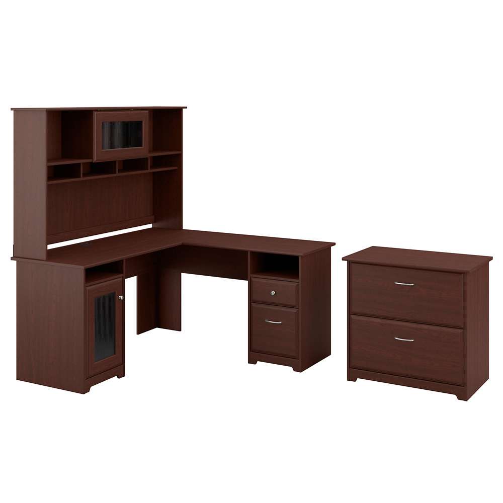 Bush Furniture - Cabot 60W L Shaped Computer Desk with Hutch and Lateral File Cabinet in Harvest Cherry - CAB005HVC veiw 1