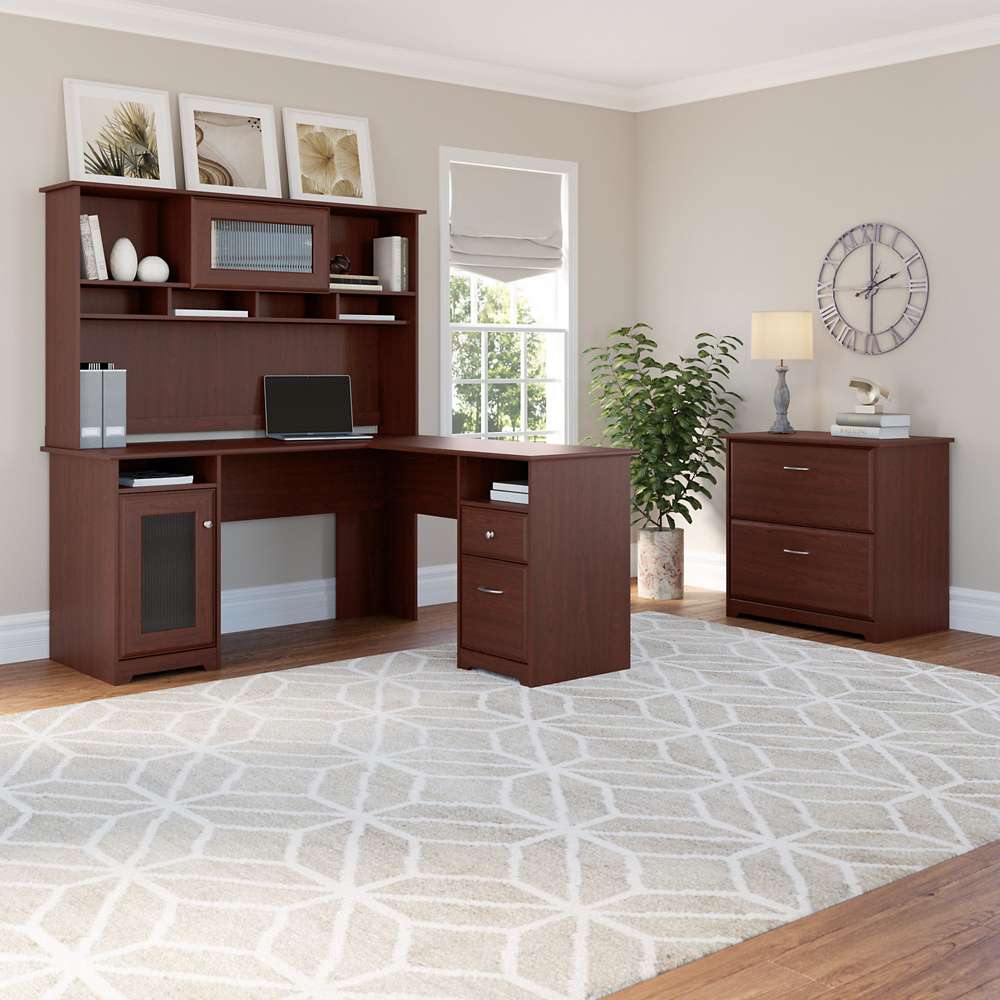 Bush Furniture - Cabot 60W L Shaped Computer Desk with Hutch and Lateral File Cabinet in Harvest Cherry - CAB005HVC veiw 2