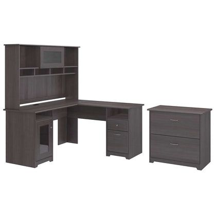 Bush Furniture - Cabot 60W L Shaped Computer Desk with Hutch and Lateral File Cabinet in Heather Gray - CAB005HRG veiw 1