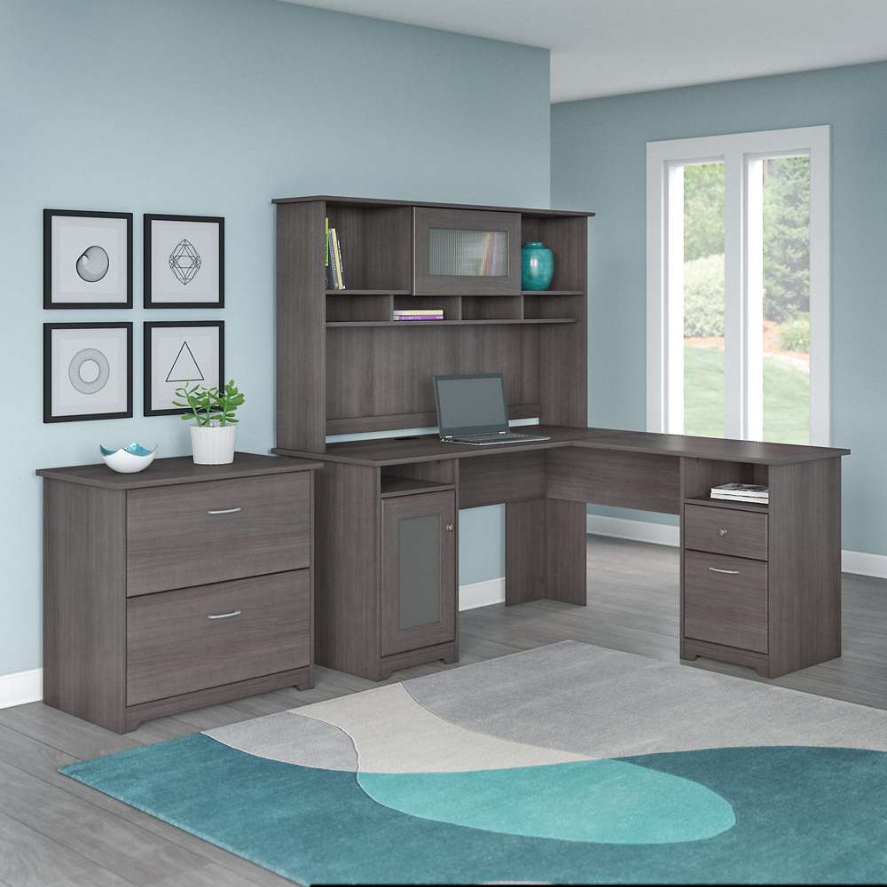 Bush Furniture - Cabot 60W L Shaped Computer Desk with Hutch and Lateral File Cabinet in Heather Gray - CAB005HRG veiw 2