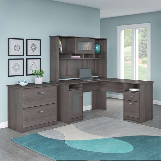 Bush Furniture - Cabot 60W L Shaped Computer Desk with Hutch and Lateral File Cabinet in Heather Gray - CAB005HRG veiw 2