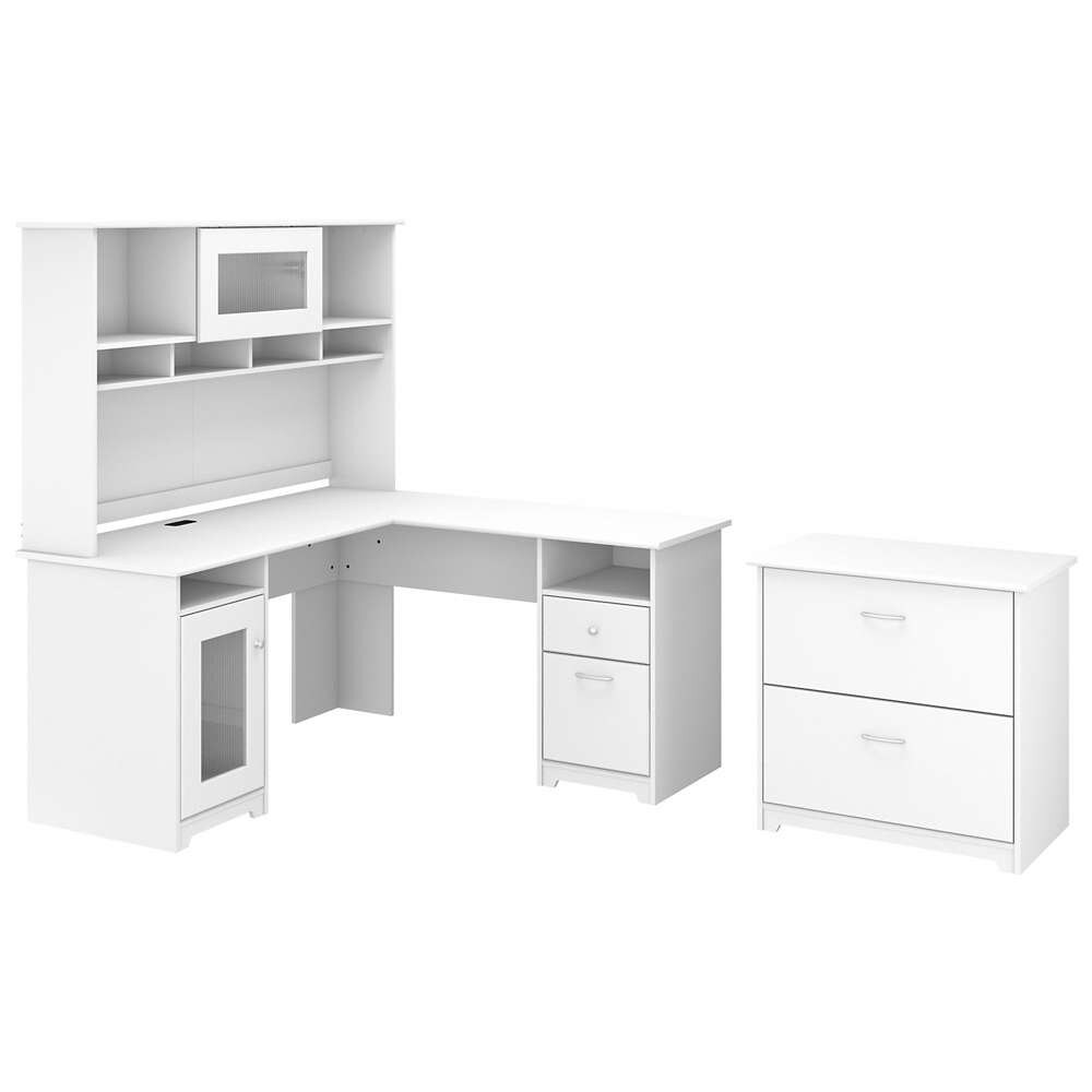 Bush Furniture - Cabot 60W L Shaped Computer Desk with Hutch and Lateral File Cabinet in White - CAB005WHN veiw 1