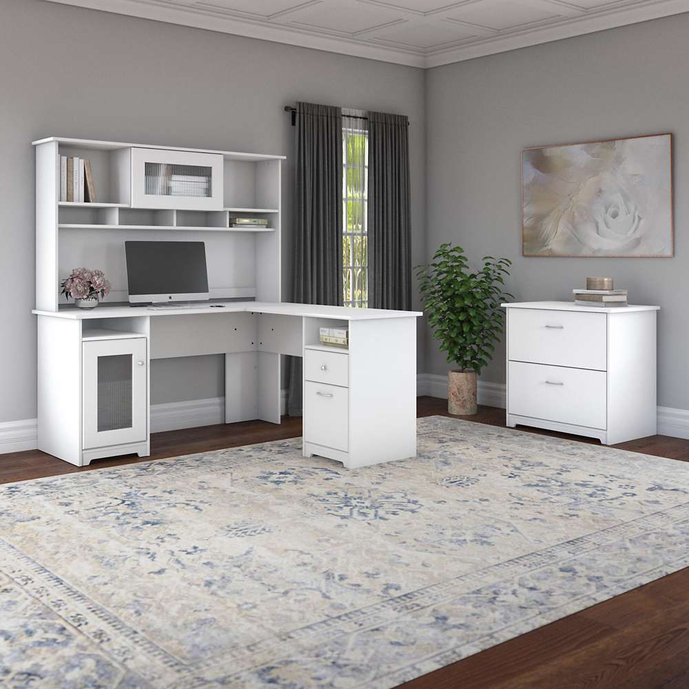 Bush Furniture - Cabot 60W L Shaped Computer Desk with Hutch and Lateral File Cabinet in White - CAB005WHN veiw 2