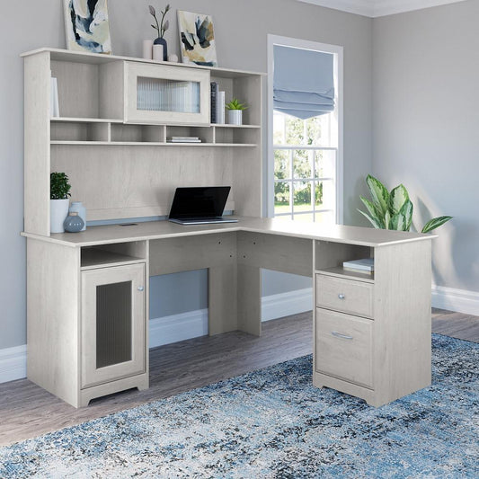 Bush Furniture - Cabot 60W L Shaped Computer Desk with Hutch in Linen White Oak - CAB001LW veiw 2