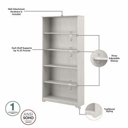 Bush Furniture  -  Cabot Tall 5 Shelf Bookcase in Linen White Oak  - WC31166 veiw 3