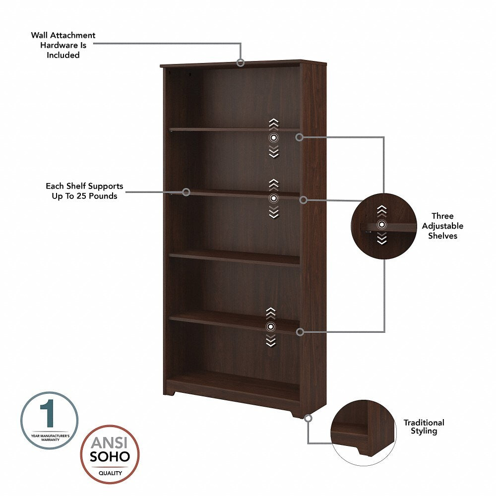 Bush Furniture  -  Cabot Tall 5 Shelf Bookcase in Modern Walnut  - WC31066 veiw 3