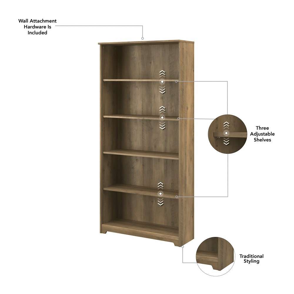 Bush Furniture  -  Cabot Tall 5 Shelf Bookcase in Reclaimed Pine  - WC31566 veiw 5