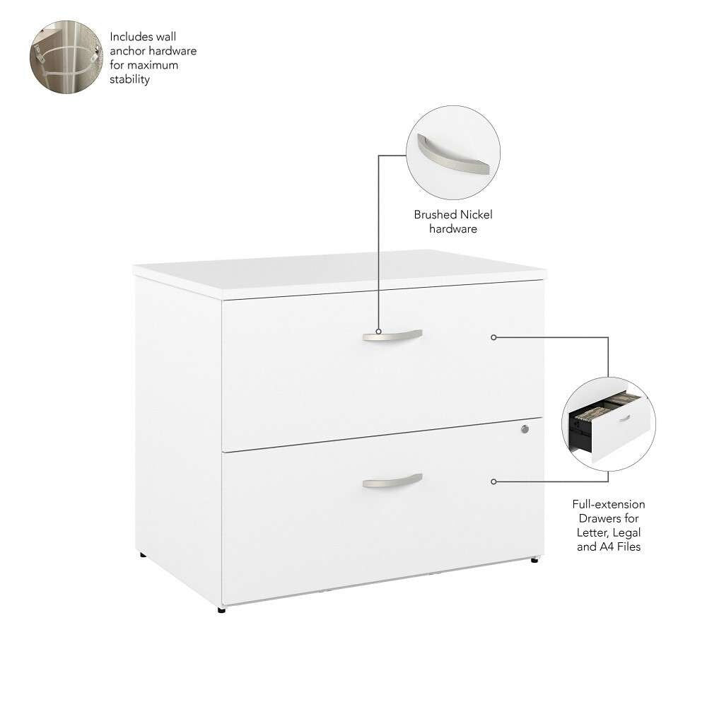Bush Furniture - Hybrid 2 Drawer Lateral File Cabinet in White - Assembled - HYF136WHSU-Z veiw 3