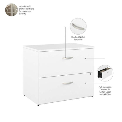 Bush Furniture - Hybrid 2 Drawer Lateral File Cabinet in White - Assembled - HYF136WHSU-Z veiw 3