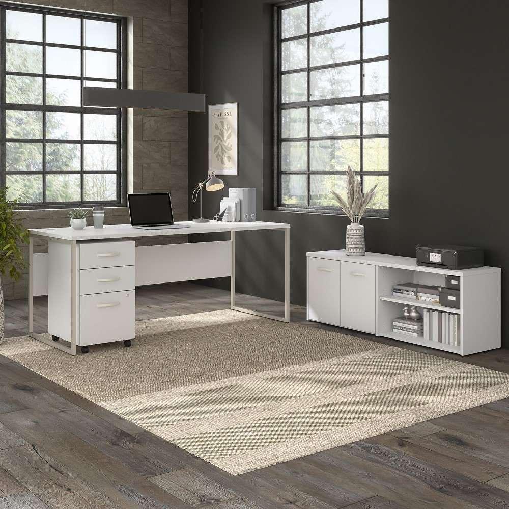 Bush Furniture - Hybrid 72W x 30D Computer Table Desk with Storage and Mobile File Cabinet in White - HYB014WHSU veiw 1