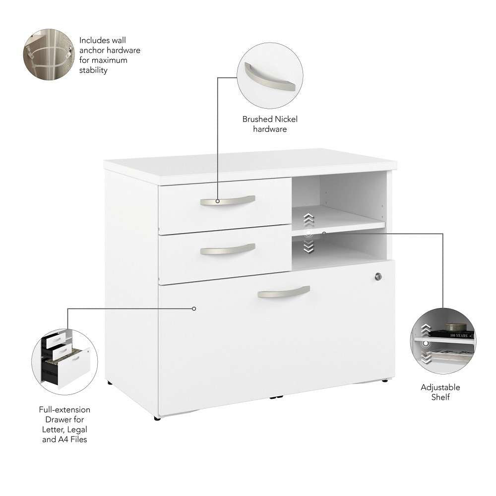 Bush Furniture - Hybrid Office Storage Cabinet with Drawers and Shelves in White - HYF130WHSU-Z veiw 3