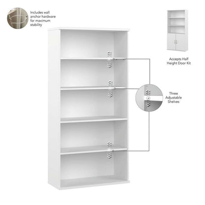 Bush Furniture - Hybrid Tall 5 Shelf Bookcase in White - HYB136WH-Z veiw 3